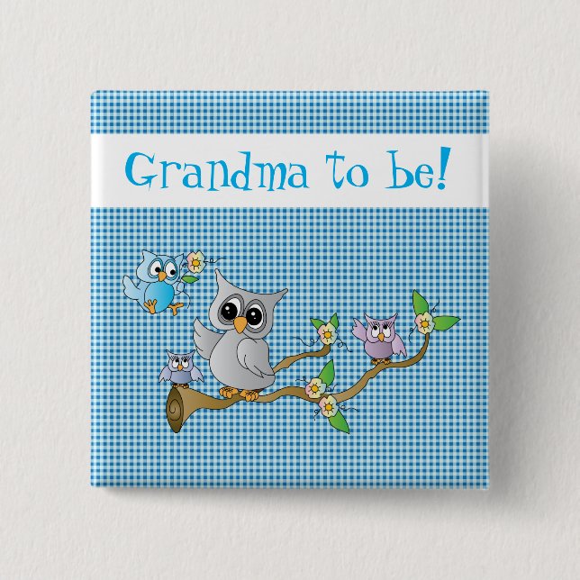 Momma & Baby Owls auf einem Blue Kariert | Oma zu  Button (Vorderseite)