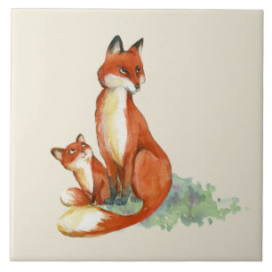 Momma Fox und Baby Watercolor Illustration Fliese