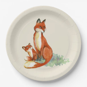 Momma Fox und Baby Watercolor Illustration Pappteller