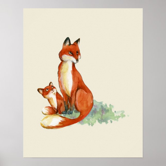 Momma Fox und Baby Watercolor Illustration Poster (Vorne)
