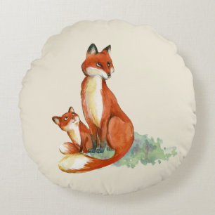 Momma Fox und Baby Watercolor Illustration Rundes Kissen
