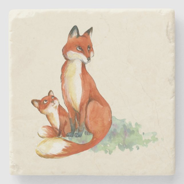 Momma Fox und Baby Watercolor Illustration Steinuntersetzer (Vorderseite)