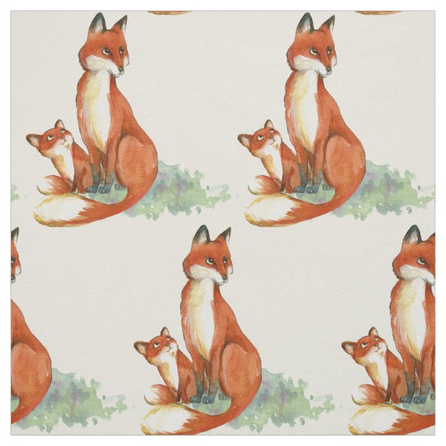 Momma Fox und Baby Watercolor Illustration Stoff (Muster)