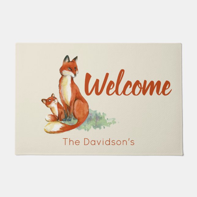 Momma Fox und Baby Watercolor Illustration Willkom Fußmatte (Vorderseite)