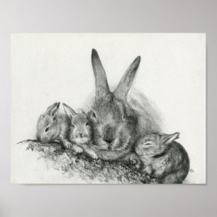 Momma Kaninchen mit Bunnies Pencil Zeichnend Poster