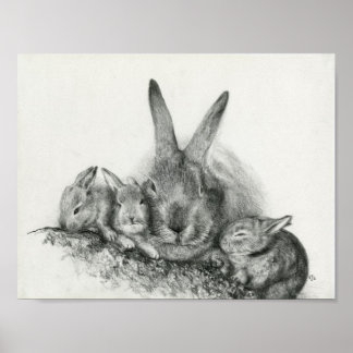 Momma Kaninchen mit Bunnies Pencil Zeichnend Poster