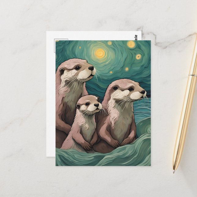 Momma Poppa und Baby Otter im Meer Postkarte (Vorderseite/Rückseite Beispiel)