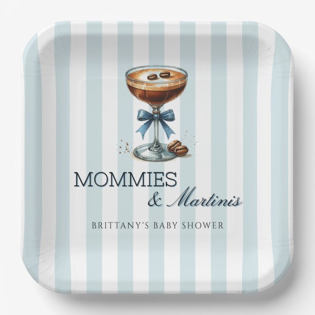 Mommies und Martinis Blue Bow Boy Baby Shower Pappteller (Vorderseite)