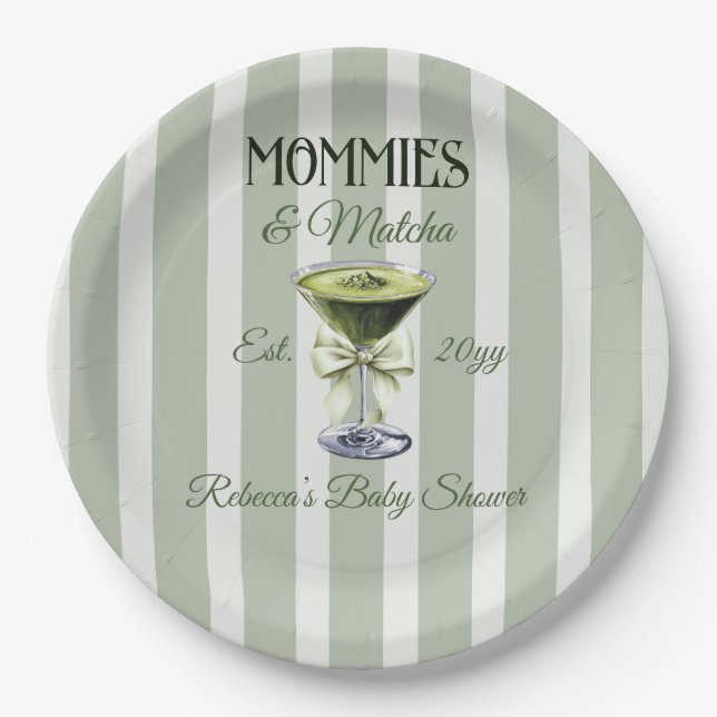Mommies und Matcha Olive Green Bow Baby Shower Pappteller (Vorderseite)