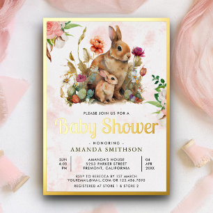 Mommy and Baby Floral Bunny Baby Shower Gold Foil Folieneinladung