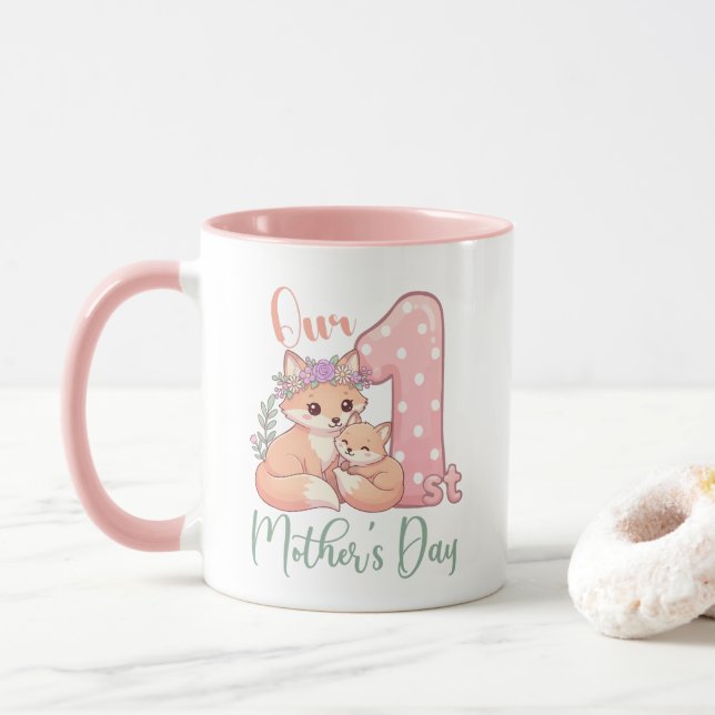Mommy and Baby Fox Pink 1st Mothers Day Tasse (Mit Donut)