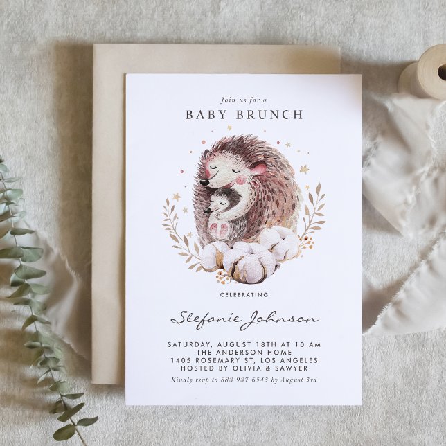 Mommy and Baby Igel Baby Brunch Einladung (Woodland theme baby brunch invitation featuring watercolor mommy and baby hedgehog illustration. )