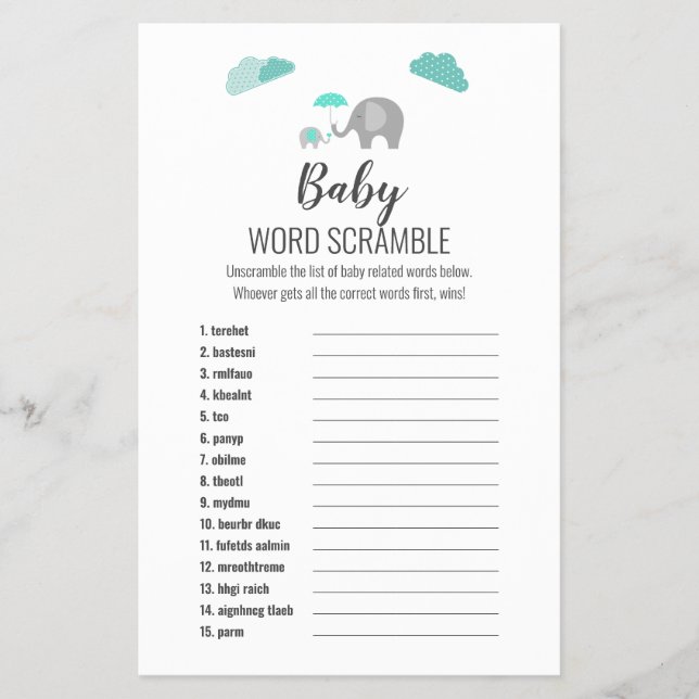 Mommy Baby Elephant mit Clouds UK Words Scramble Flyer (Vorne)