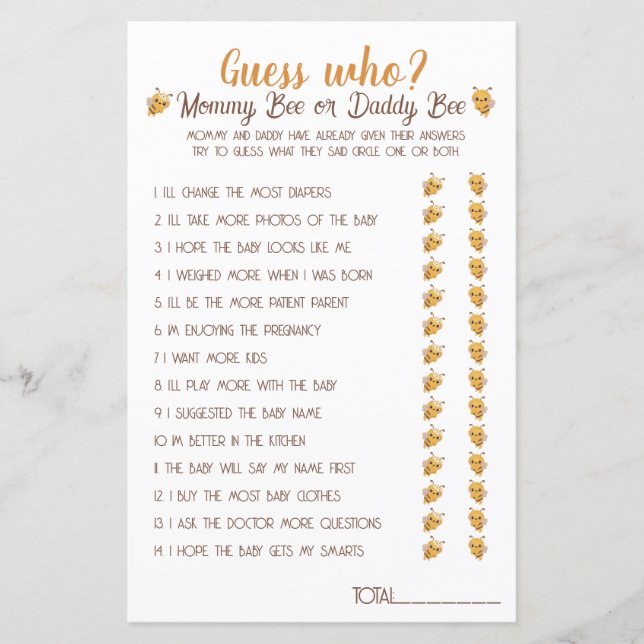 Mommy Bee oder Daddy Bee Guess Who Baby Showspiel (Vorderseite)