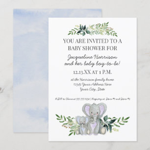 Mommy Boy Baby Elephant Foliage Pastellblau Dusche Einladung