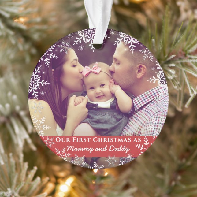 Mommy Daddy First Christmas Snowflakes Rotes Foto Ornament (Baum)