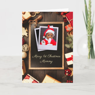 Mommy First Christmas Rustic Wood Chalkboard Foto Feiertagskarte