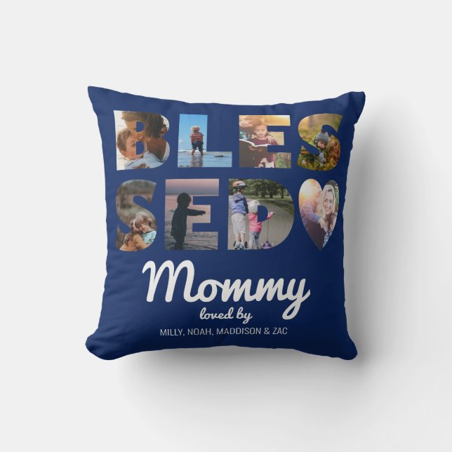 Mommy gesegnet Foto Collage Personalisiert Navy Bl Kissen (Vorderseite)