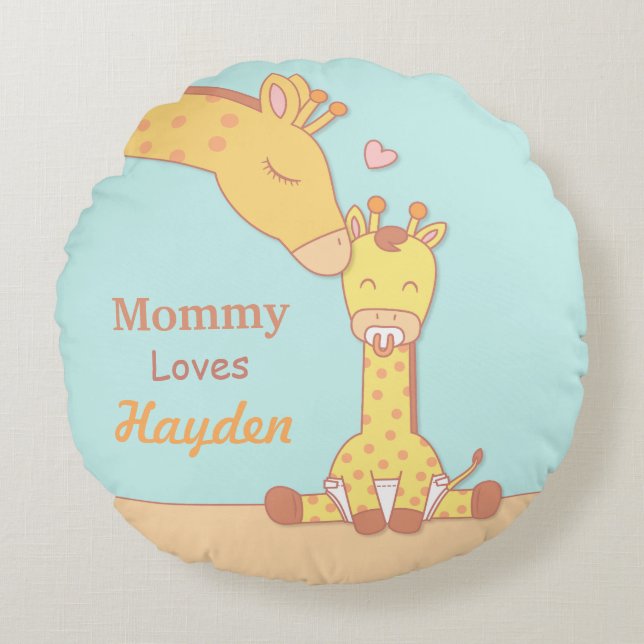 Mommy Giraffe und Baby Calf Kinderzimmer Zimmerdek Rundes Kissen (Vorderseite)