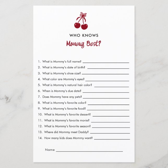 Mommy Knows Best Baby Shower Game Cherry Bow Red (Vorderseite)