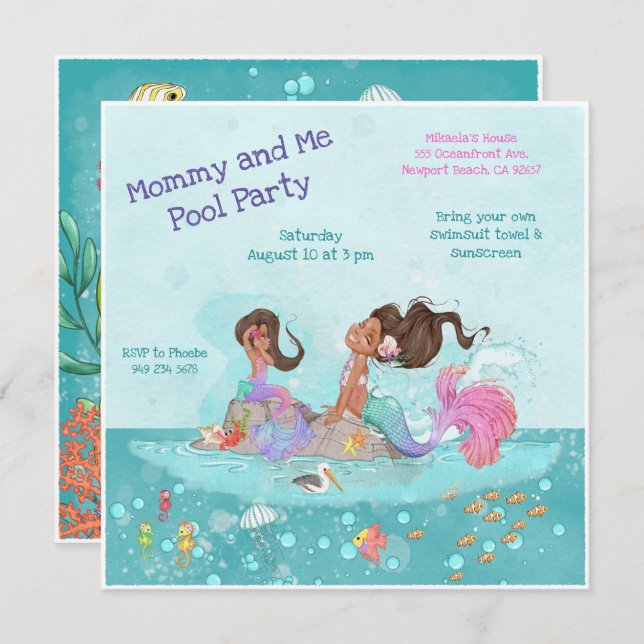 Mommy & Me Pool Girly Türkis Pink Mermaids Einladung (Vorne/Hinten)