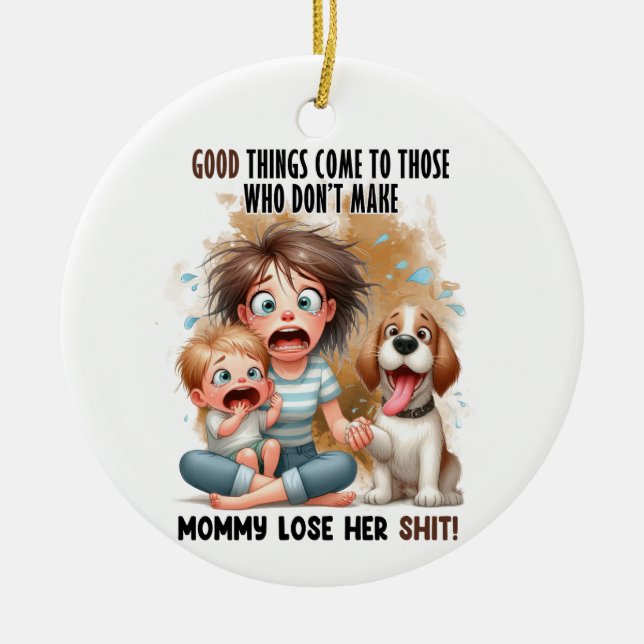 MOMMY MIT BABY UND FUNNY HUND KERAMIK ORNAMENT (Vorne)