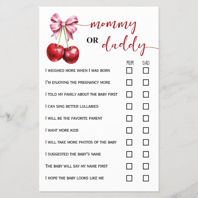 Mommy oder Daddy Cherry Baby Shower Game Card Flyer (Vorne)
