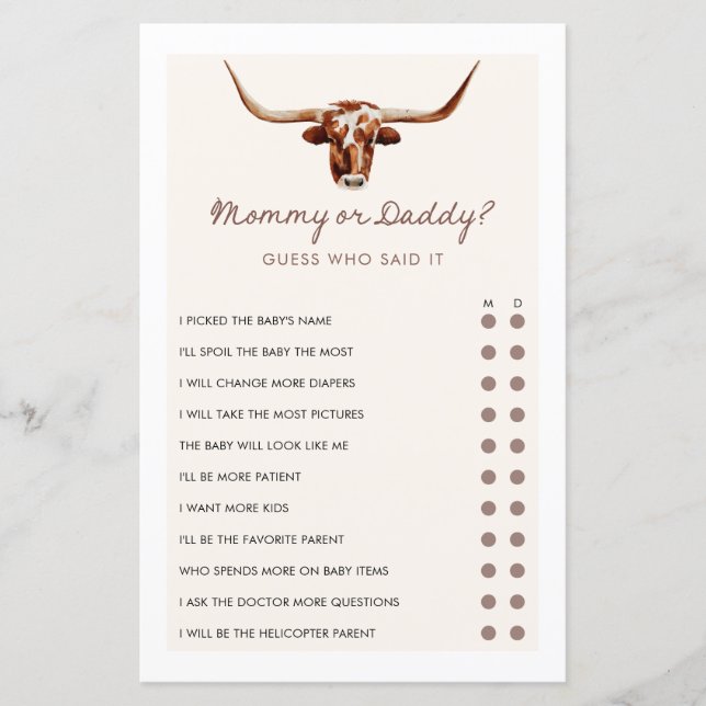 Mommy oder Daddy Cowboy Western Baby Shower Game (Vorderseite)