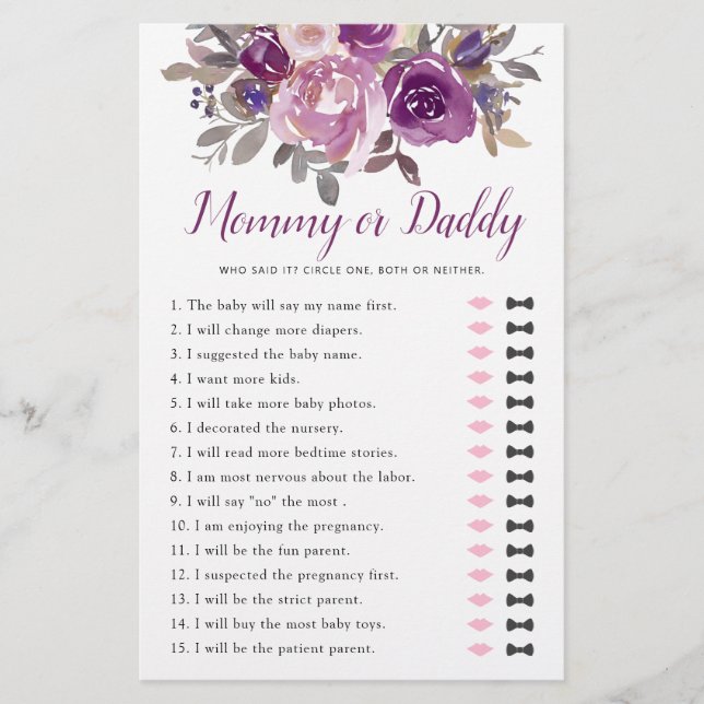 Mommy oder Daddy Dusty Mauve Lila Baby Shower Game (Vorderseite)