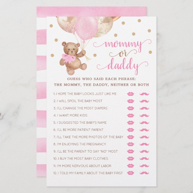 Mommy oder Daddy Game Baby Shower Teddy Bear (Vorne/Hinten)