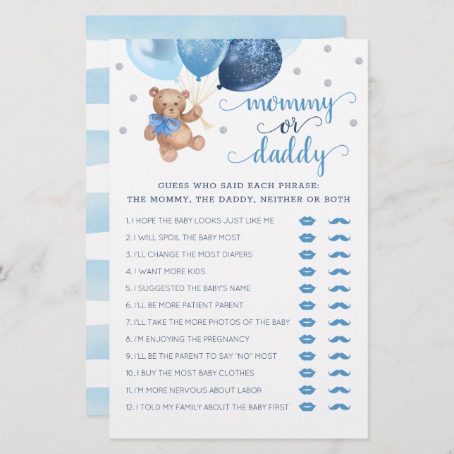 Mommy oder Daddy Game Baby Shower Teddy Bear (Vorne/Hinten)