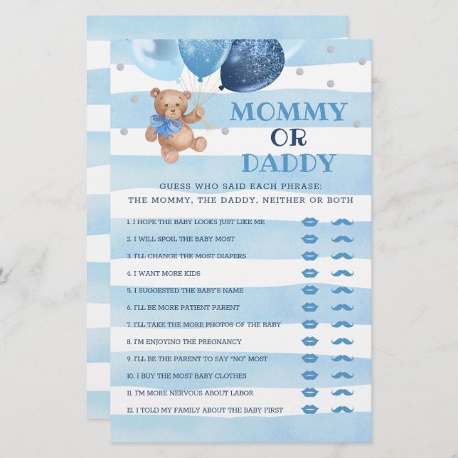 Mommy oder Daddy Game Baby Shower Teddy Bear (Vorne/Hinten)