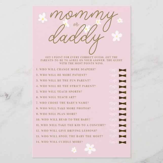 Mommy oder Daddy Guess Baby Shower Game Daisies Pi Flyer (Vorne)