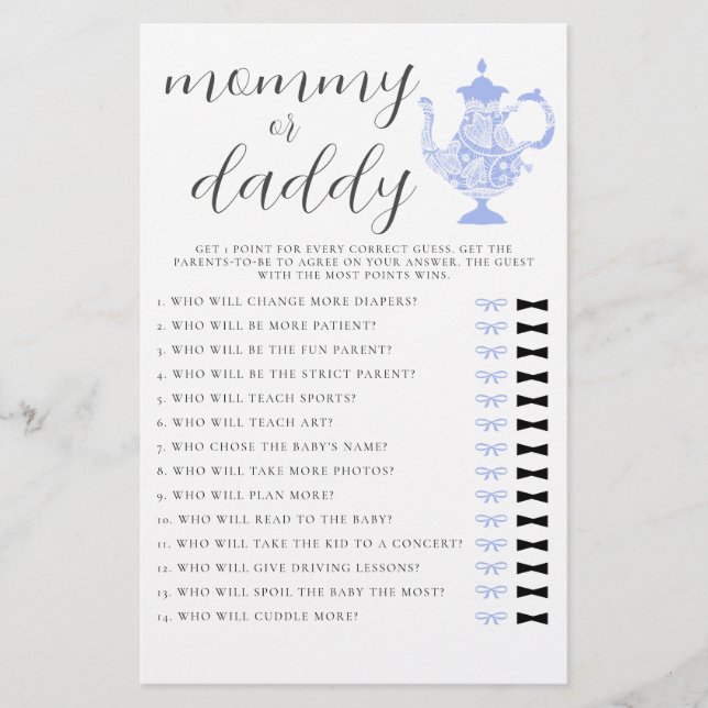 Mommy oder Daddy Guess Tea Party Boy Baby Shower Flyer (Vorne)