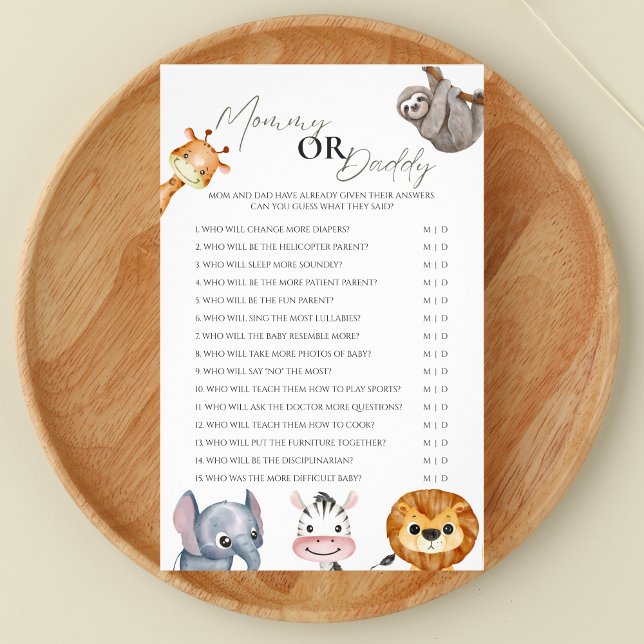 Mommy oder Daddy Wild One Baby Shower Game Flyer (Safari-inspired 'Mommy or Daddy' baby shower game - A Little Wild One theme




)