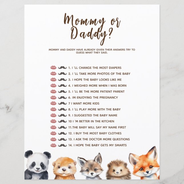 Mommy oder Daddy Woodland Animals Baby Shower Game (Vorderseite)