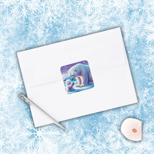 Mommy Polar Bear mit Cube   Quadratischer Aufkleber