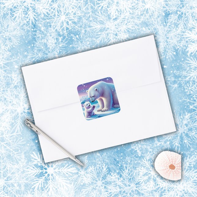 Mommy Polar Bear mit Cube | Quadratischer Aufkleber (Von Creator hochgeladen)