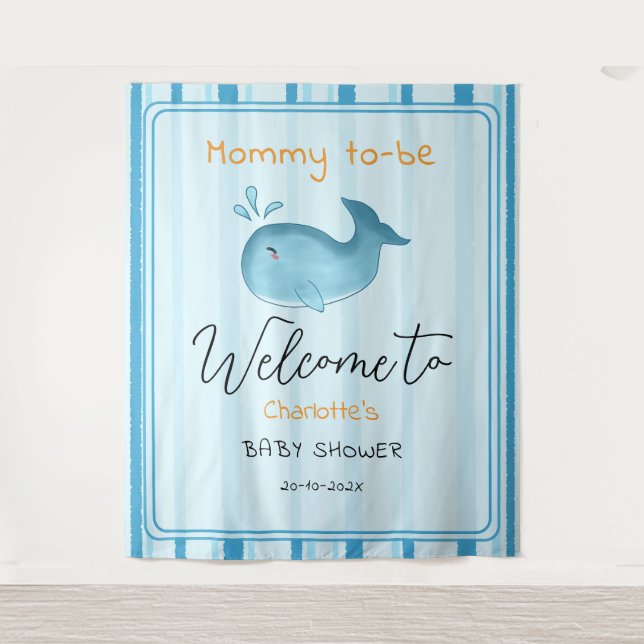 Mommy To Be Cute Whale Baby Shower Backdrop Wandteppich (Vorderseite)
