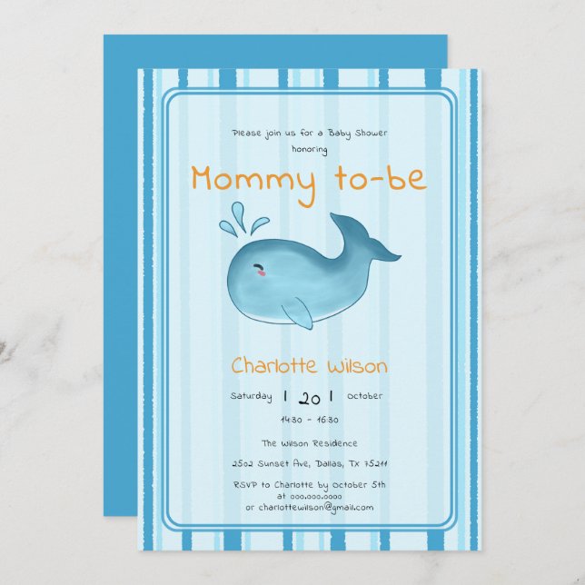 Mommy To Be Cute Whale Baby Shower Einladung (Vorne/Hinten)