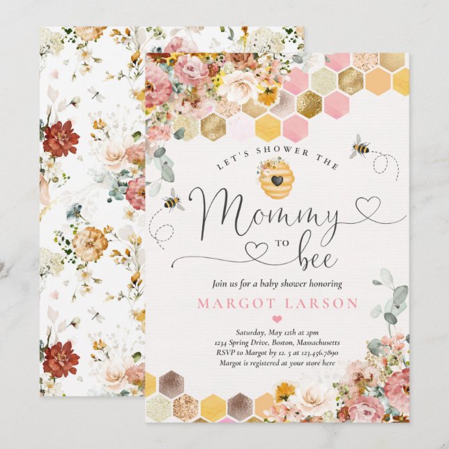 Mommy to be Spring Boho Wildblume Babydusche Einladung (Vorne/Hinten)