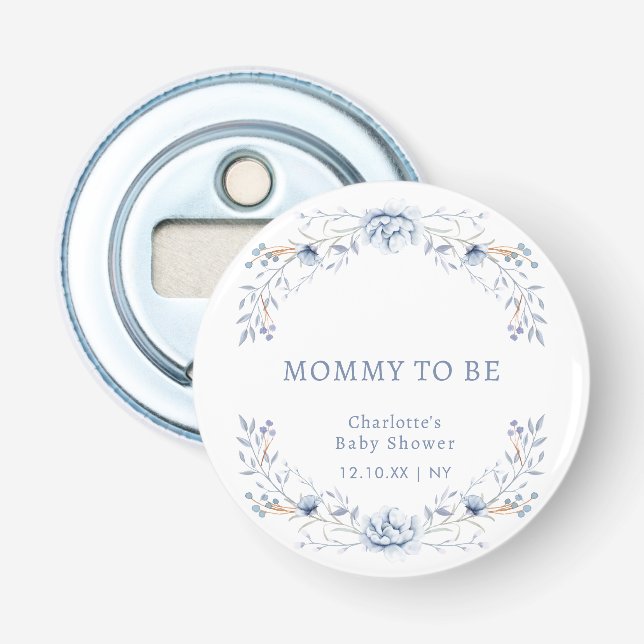 Mommy to Be Winter Blue Floral Baby Dusche Flaschenöffner (Vorderseite)