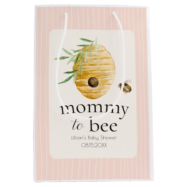 Mommy To Bee Bumblebee Blush Pink Baby Shower  Mittlere Geschenktüte (Vorderseite)