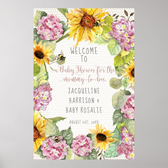 Mommy to Bee Bumblebee Sonnenblume Pink Hydrangeas Poster (Vorne)