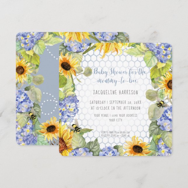 Mommy to Bee Bumblebee Sunflower Blue Hydrangea Einladung (Vorne/Hinten)