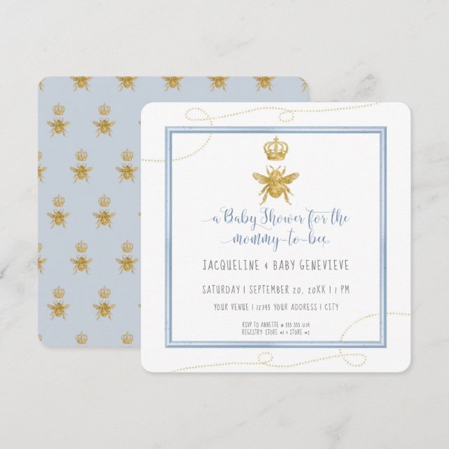Mommy to Bee Gold Glitzer Blue Boy Baby Shower Einladung (Vorne/Hinten)