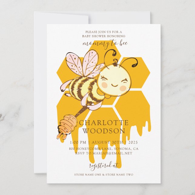 Mommy to bee Honey Bee Honeycomb Baby Shower Einladung (Vorderseite)