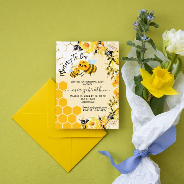 Mommy to Bee Honeycomb Blume Babydusche Einladung (watercolor Mommy to Bee Honeycomb Flowers Baby shower honey bees theme spring summer for her girl)