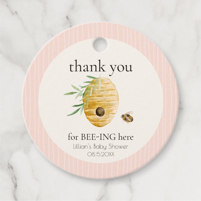 Mommy To Bee Striped Blush Pink Girl Baby Shower  Geschenkanhänger (Vorderseite)
