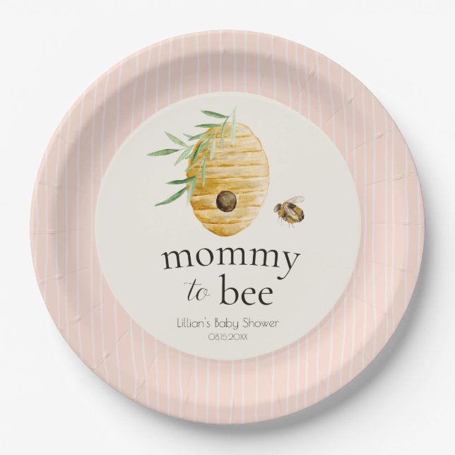 Mommy To Bee Striped Blush Pink Girl Baby Shower  Pappteller (Vorderseite)